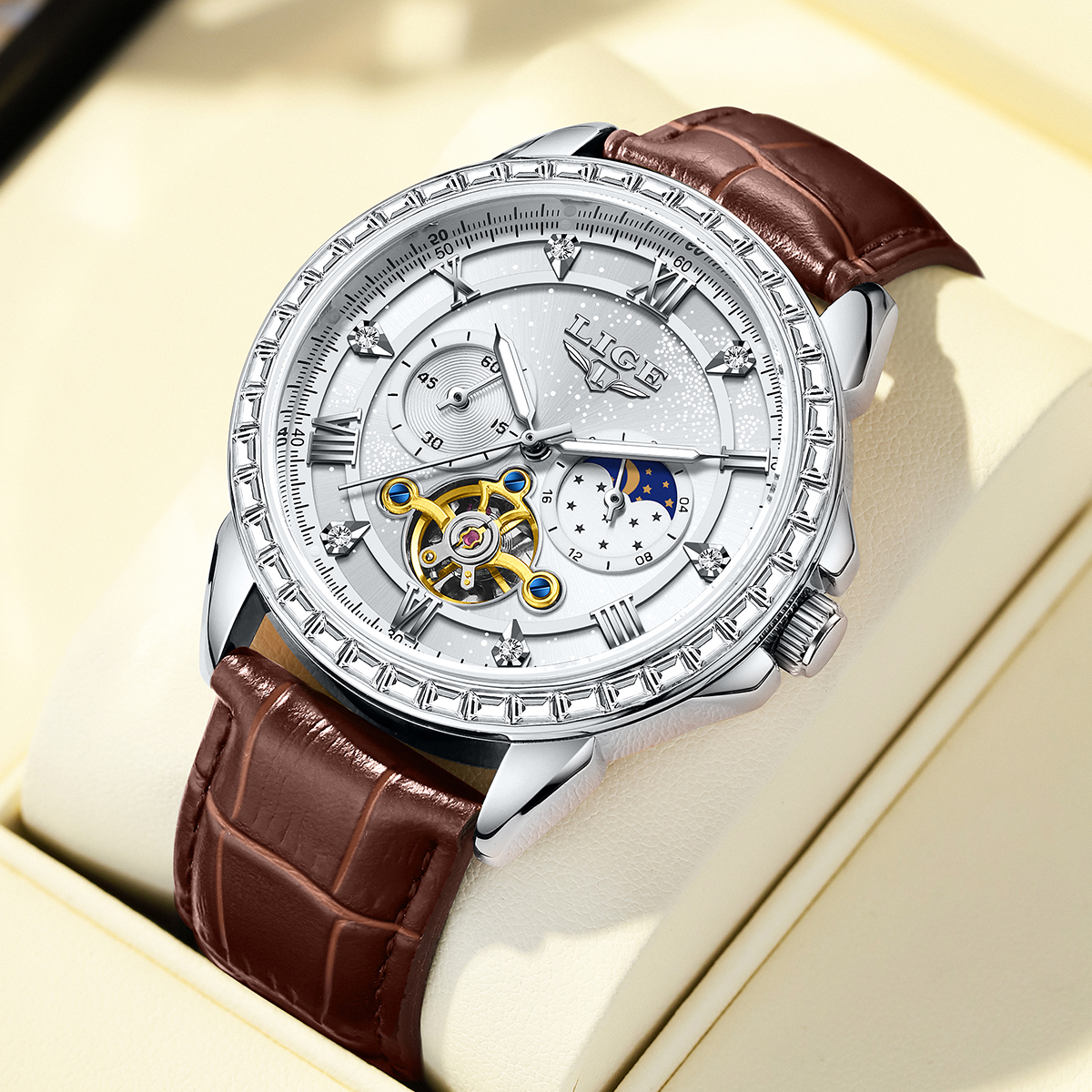 Luxury Watch Zone - LIGE Big Diamond Dial Moon Phase